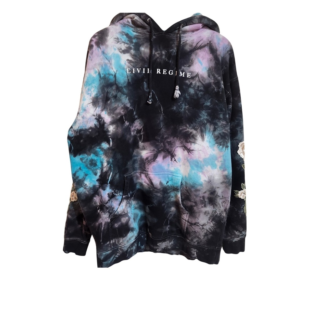 Civil Regime Hoodie Mens Large Black Purple Tie Dye Floral Embroidered Pullover